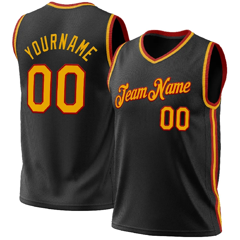 Custom Black Gold-Red Authentic Throwback Basketball Jersey