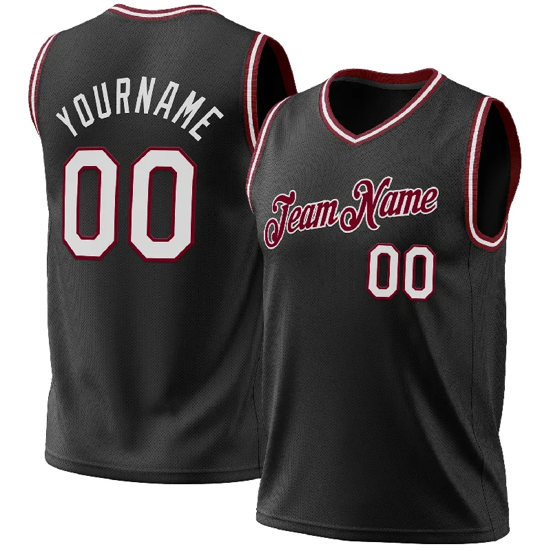 Custom Black White-Maroon Authentic Throwback Basketball Jersey