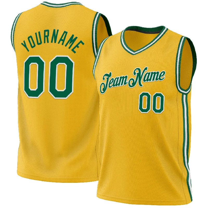 Custom Gold Kelly Green-White Authentic Throwback Basketball Jersey