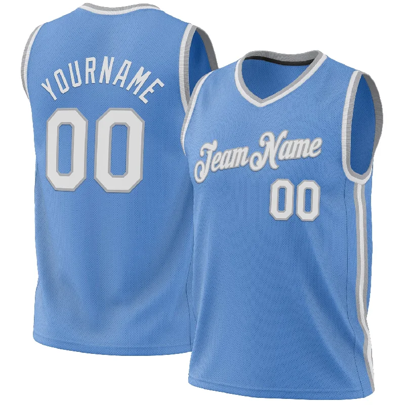 Custom Light Blue White-Gray Authentic Throwback Basketball Jersey