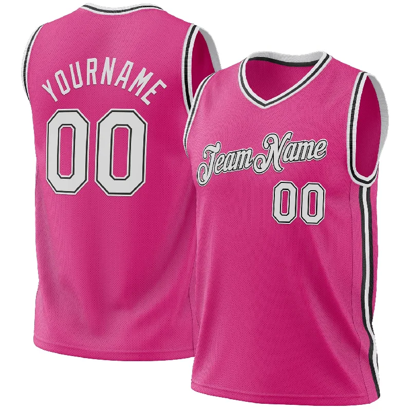 Custom Pink White-Black Authentic Throwback Basketball Jersey