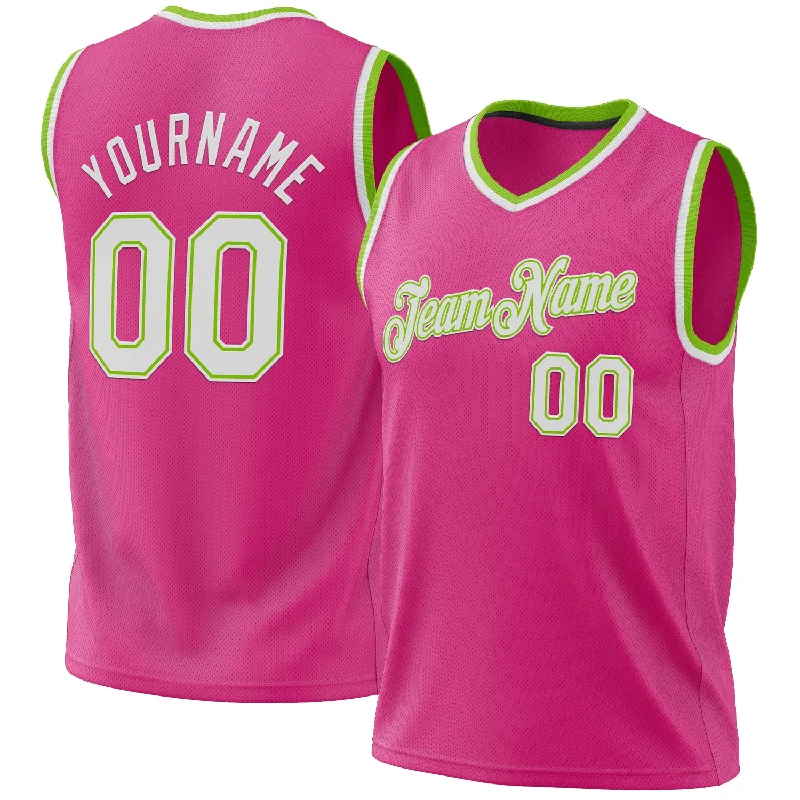 Custom Pink White-Neon Green Authentic Throwback Basketball Jersey