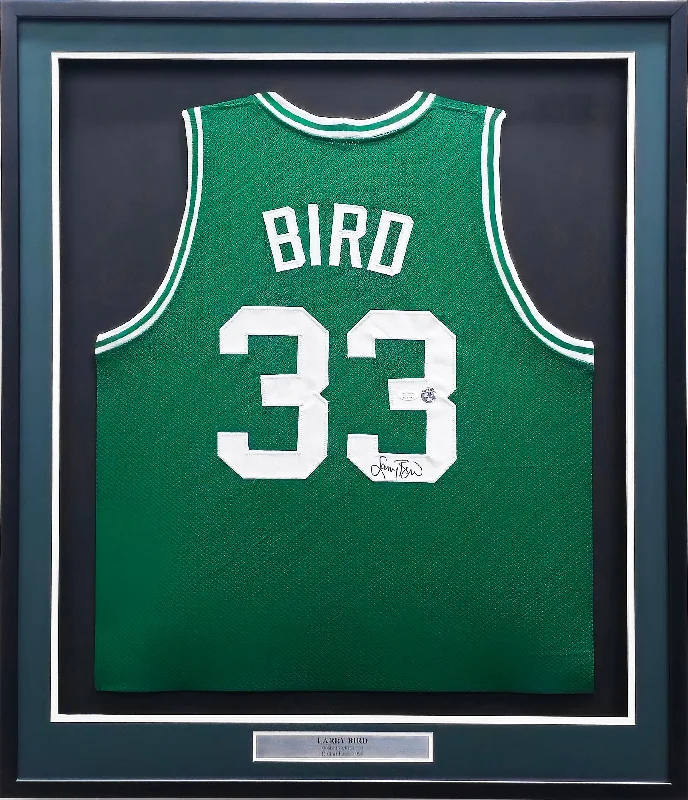 Boston Celtics Larry Bird Autographed Framed Green Jersey JSA Stock #234597