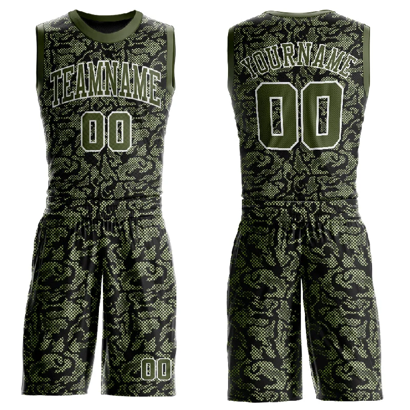 Custom Green Olive-Black Round Neck Sublimation Basketball Suit Jersey