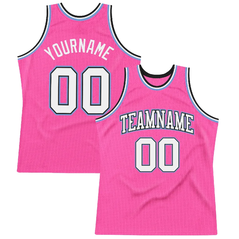 Custom Pink White Black-Light Blue Authentic Throwback Basketball Jersey