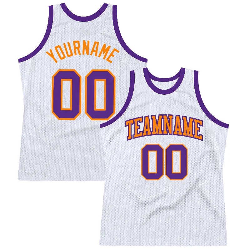 Custom White Purple-Bay Orange Authentic Throwback Basketball Jersey