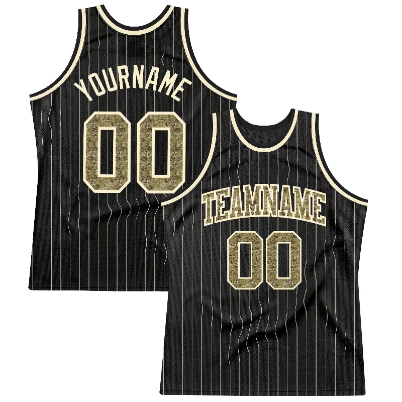 Custom Black Cream Pinstripe Camo-Cream Authentic Basketball Jersey