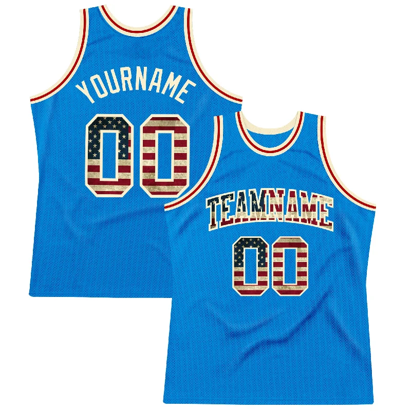 Custom Blue Vintage USA Flag-Cream Authentic Throwback Basketball Jersey