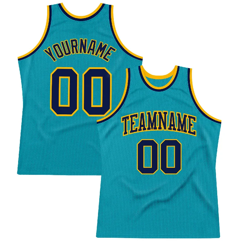 Custom Teal Navy-Gold Authentic Throwback Basketball Jersey