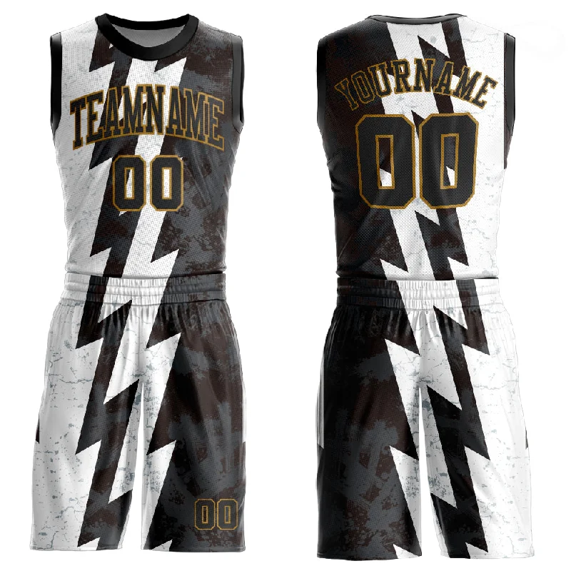 Custom White Black-Old Gold Round Neck Sublimation Basketball Suit Jersey