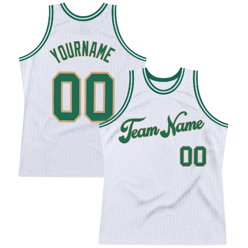 Custom White Kelly Green-Old Gold Authentic Throwback Basketball Jersey