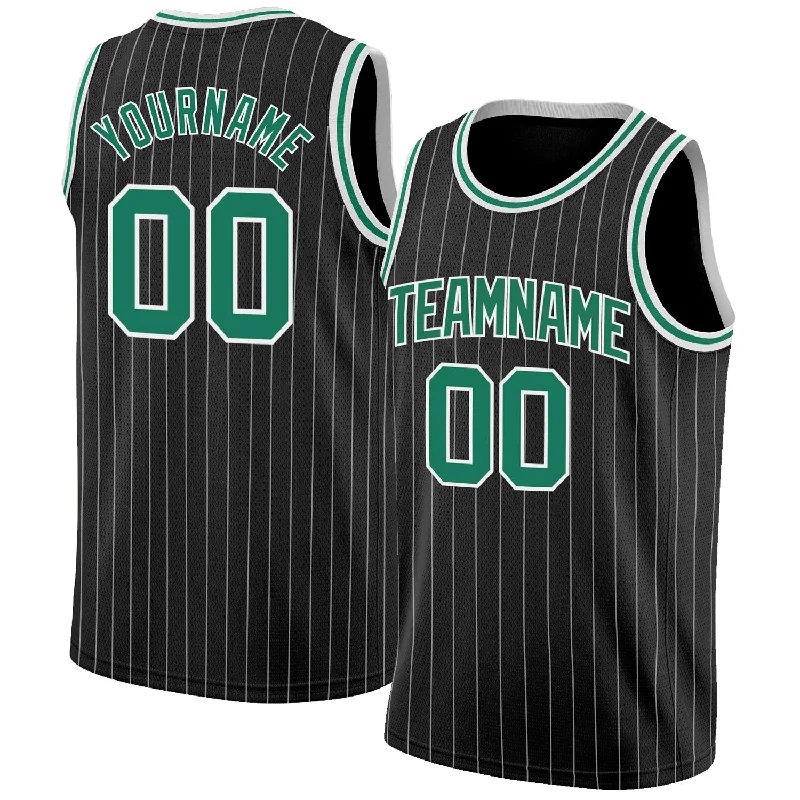 Custom Black White Pinstripe Kelly Green-White Authentic Basketball Jersey