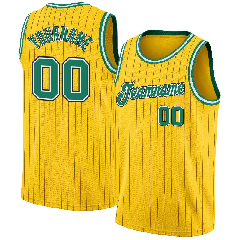 Custom Gold Black Pinstripe Kelly Green-White Authentic Basketball Jersey