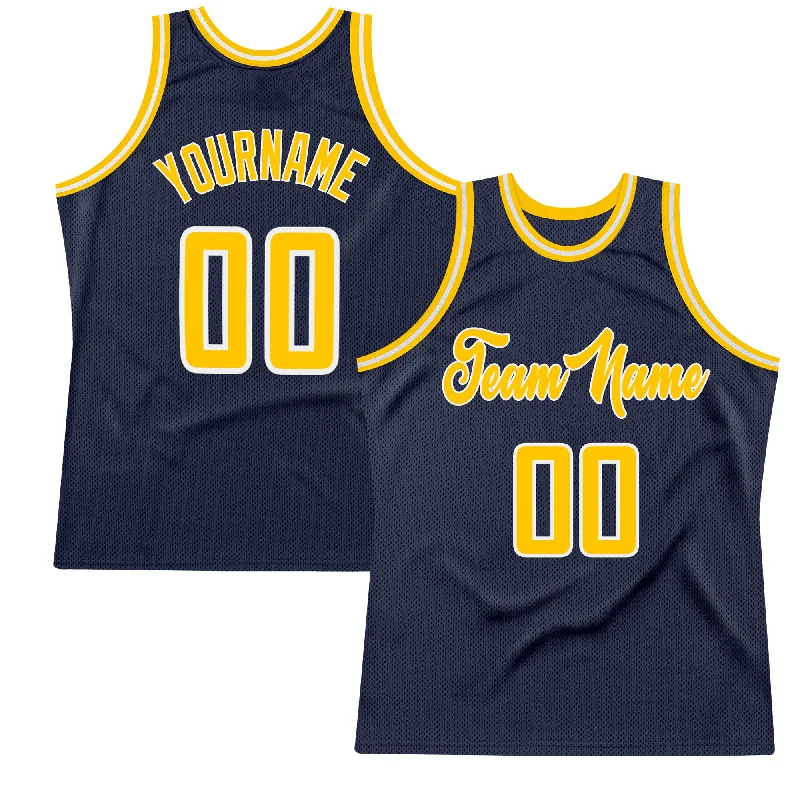 Custom Navy Gold-White Authentic Throwback Basketball Jersey