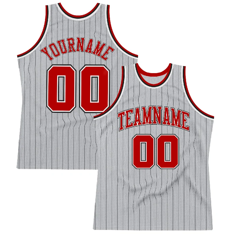 Custom Gray Black Pinstripe Red-White Authentic Basketball Jersey