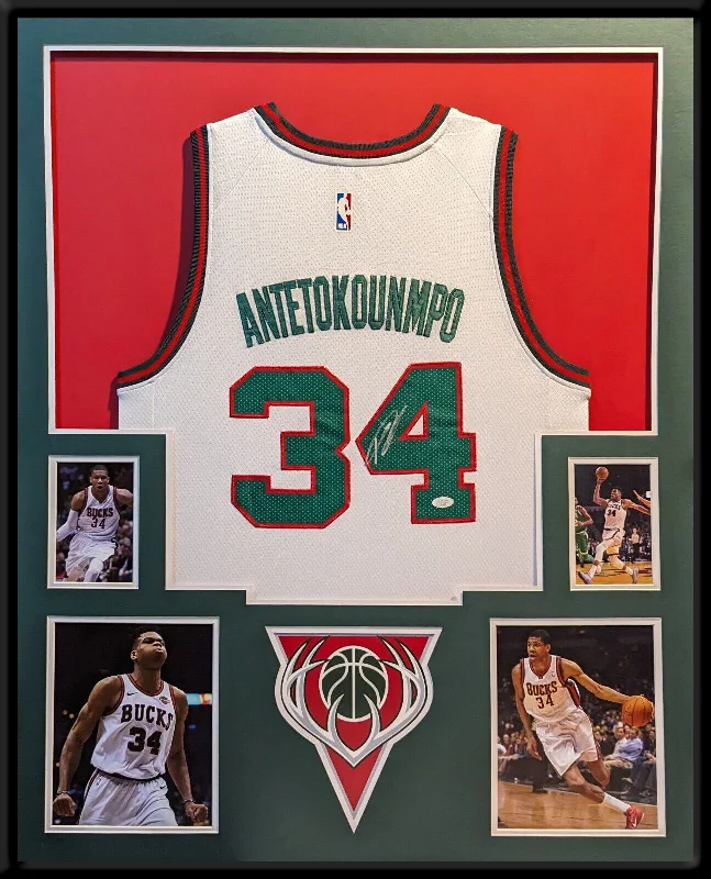 FRAMED MILWAUKEE BUCKS GIANNIS ANTETOKOUNMPO AUTOGRAPHED SIGNED JERSEY JSA COA