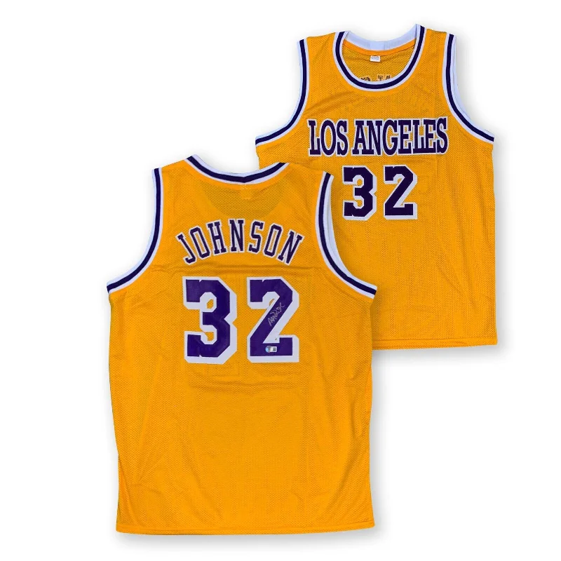 Magic Johnson Autographed Pro Style Gold Signed Basketball Jersey Beckett COA