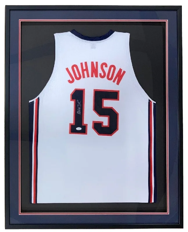 Magic Johnson USA Signed Framed White Basketball Jersey JSA